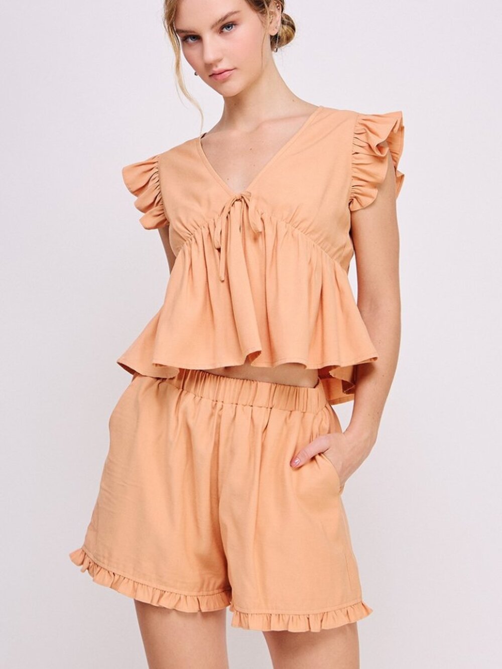 B28 V Neck Ruffled Sleeve Top & Shorts Set in Orange New